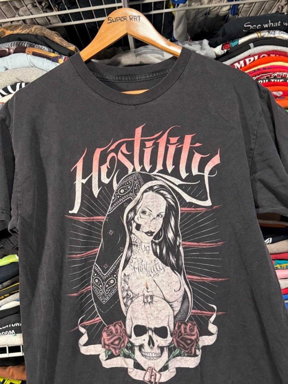 Y2K style hostility skull babe graphic t shirt black